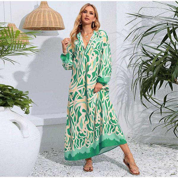 Casual Kleider Mode Gedruckt Große Schaukel Maxi Kleid Für Frauen Lose Pullover V-ausschnitt Lange Ärmeln Vestido 2023 Sommer Dame Urlaub strand