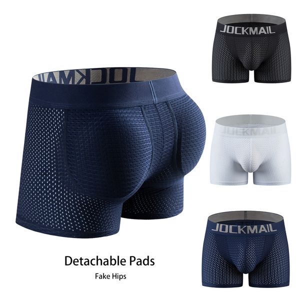 Cuecas quadris falsos para homens cueca boxer levantador de bumbum almofadas destacáveis cool comfort masculino malha cuecas shorts azul branco preto 230727