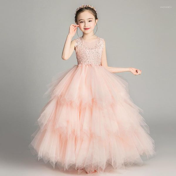 Vestidos para meninas Vestido de passeio para crianças Rosa Pequena flor Princesa Casamento Anfitriã Piano