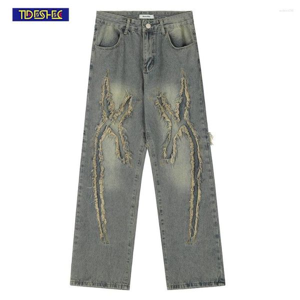Erkek kot yırtılmış delikler çapraz retro denim pantolonlar bol pantolon 2023 Erkekler Sokak Giyim Vintage mavi harajuku pamuk
