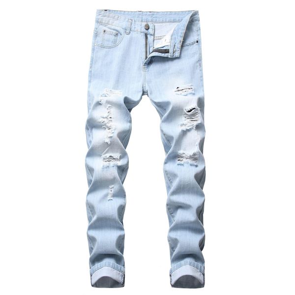 Jeans da uomo Uomo Colore chiaro Slim Fit Foro High Street Blu Non elastico Moda casual Urban Stretwear Drop Delivery Abbigliamento Abbigliamento Dhovf