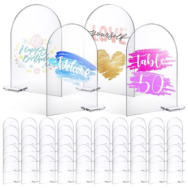 Outros materiais para festas de eventos Placa de acrílico em arco transparente com suporte Folha de acrílico em arco em branco com base para mesa de casamento Sinal de menu de cartão de número de mesa Sinal de lista de barras 230728