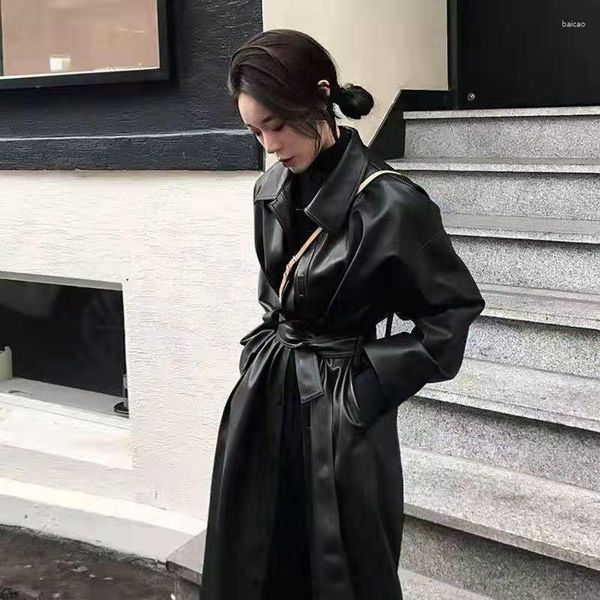 Damen Leder Langer Übergroßer Trenchcoat Für Frauen Ärmel Revers Lose Stilvolle Schwarze Kleidung Streetwear Jacke Q431