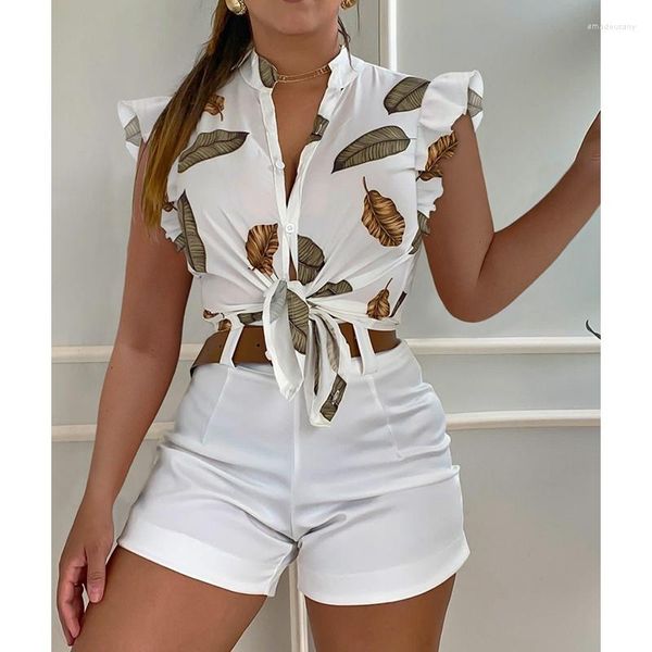 Fatos de Treino Feminino Feminino Primavera Verão Camisas Casuais Top Blusa Cintura Alta Shorts Calças Conjunto de Camisas com Manga Flutter Estampado Folha