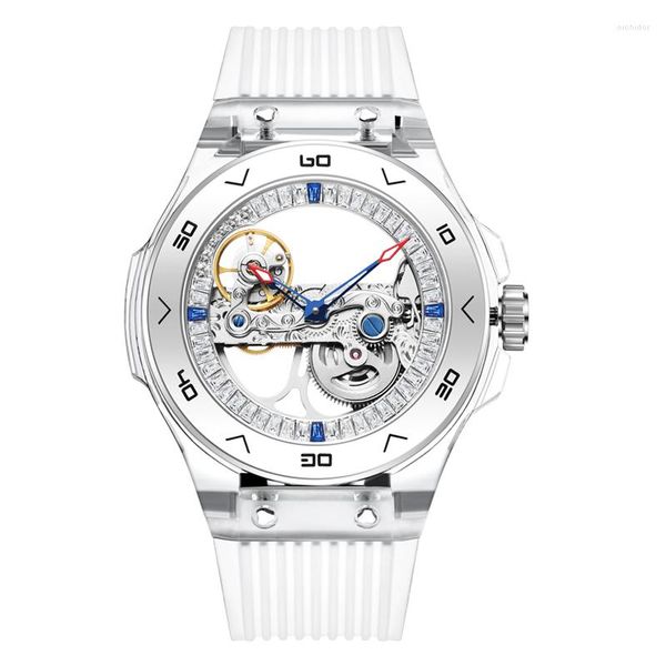Armbanduhren HANBORO Damen-Luxusuhr, Damenuhren, automatische mechanische Armbanduhr, wasserdicht, transparentes Acrylgehäuse, Keramiklünette