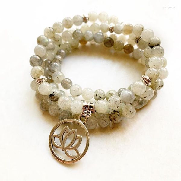 Charm Armbänder Natürliche Labradorit Armband Halskette 6mm Gebet 108 Perlen Tibetische Mala Kristall Stein Schmuck Handgemachte Lotus 1pc