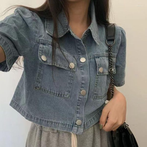 Blusas femininas verão francês vintage manga única gola polo bolso duplo casaco jeans curto manga bolha camisas