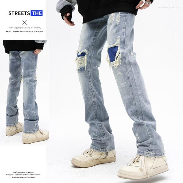 Calças jeans masculinas 2023 High Street com furo reto antigo e calças americanas hiphop femininas