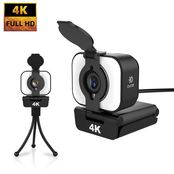 Webcams Webcam 4K 1080P Câmera Web com Microfone Ring Light Full Mini Câmera para Computador PC Laptop Streaming ao vivo