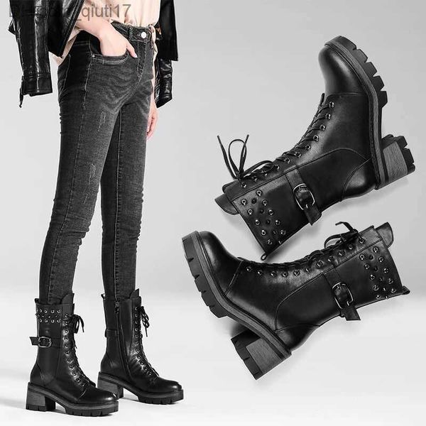 Stiefel Herbst und Winter Neue Leder Damenschuhe Damenschuhe Militäruniform Damen Roman Denim Halbplattform Reißverschlussstiefel Z230728