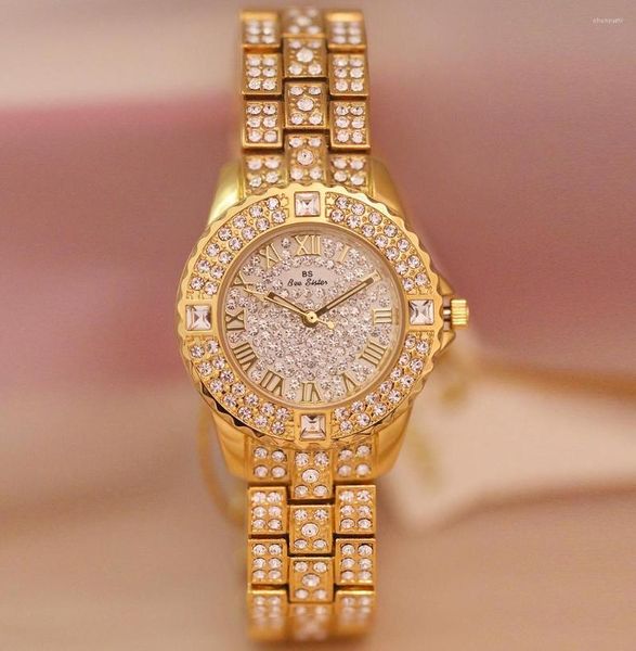 Orologi da polso BS Orologio da donna con diamanti di cristallo di lusso ghiacciato 32 mm Bracciale in oro rosa argento Bling regalo per fidanzata Relógios Femeninos