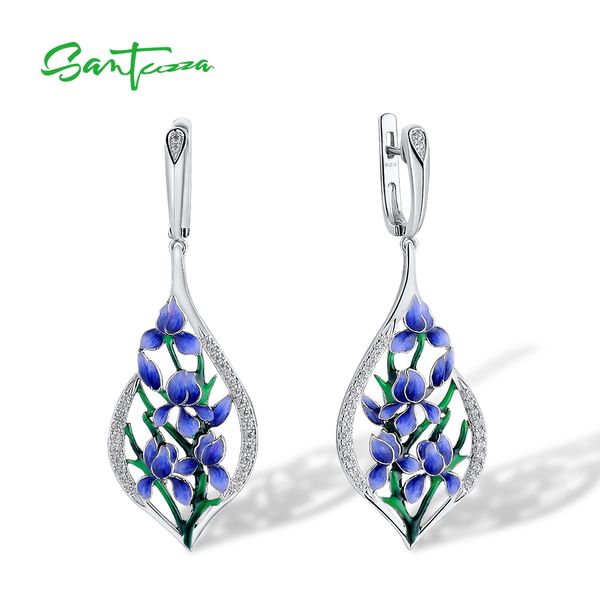 Stullo Santuzza 925 Orecchini in argento sterling per donne bianche cz blu orchideo goccia di fiori alla moda di gioielli a mano smaltato a mano 230727