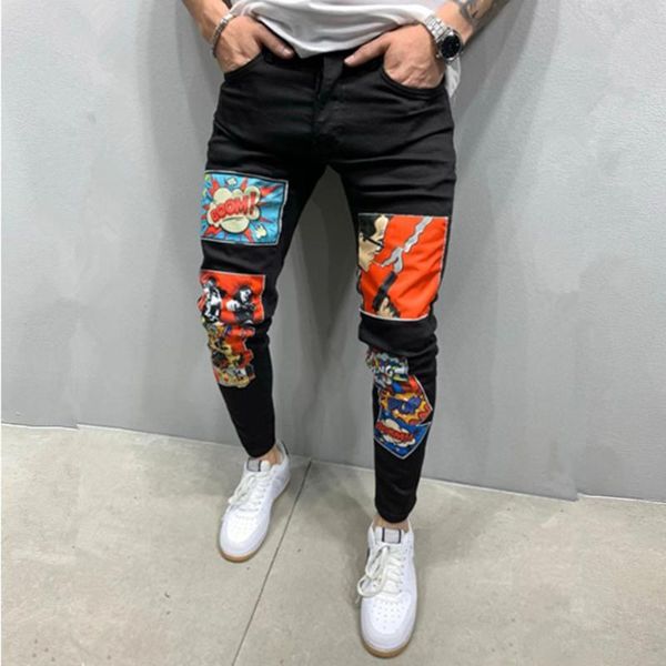 Erkekler Kot 2023 Moda Erkek Streç Sıska Patchwork Karikatürleri Baskılı Siyah Jean Erkekler Sokak Giyim Denim Punk Pants Vaqueros Hombre