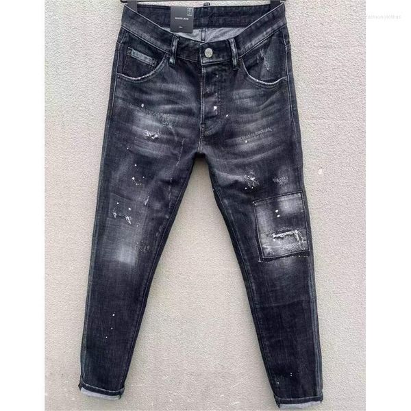 Jeans masculino moda rua furada pintado com spray na moda motobiker calças de tecido jeans casuais C017