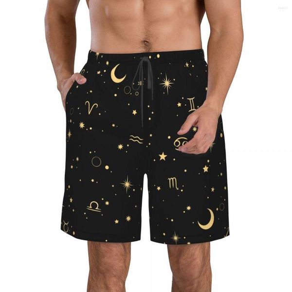 Shorts Masculino Horóscopo Dourado Impressão 3D Verão Praia Havaiano Lazer Estilo Cordão Casa