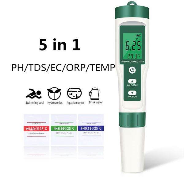 Misuratori di pH 5 in 1 Misuratore di pH digitale TDS/EC/ORP/Misuratore di temperatura Tester portatile per monitor della qualità dell'acqua per piscine Acquari con acqua potabile 230728