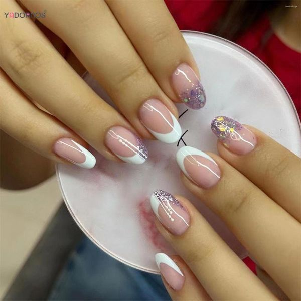 Unhas postiças 24 peças curtas amêndoas simples francesas prensadas com glitter cola falsa faça você mesmo manicure acrílica pontas de unhas destacáveis