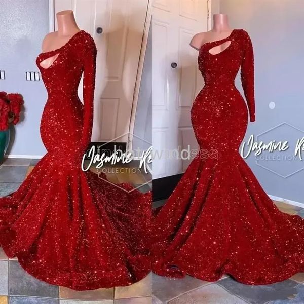 Novo vermelho um ombro lantejoulas sereia vestidos de baile longo manga longa ruched vestido de noite plus size vestidos de festa formal BC3613308W