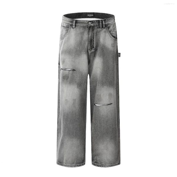 Jeans da uomo indossati grigio sfumato consumato per uomo e donna Pantaloni larghi in denim con drappeggio largo American Wash Gamba dritta Street Wear