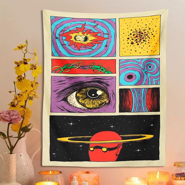 Oggetti decorativi Figurine Cielo stellato Arazzo psichedelico Appeso a parete Pianeta Spazio Cartoon Hippie Eye Room Sfondo bohémien Tessuto Home Decor 230727