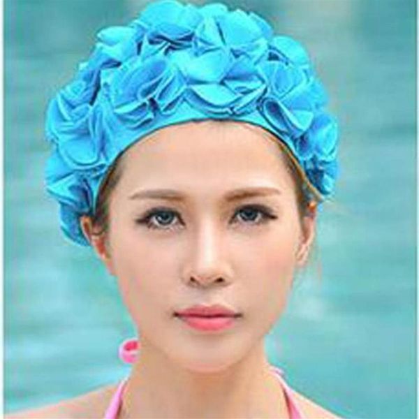 Toucas de natação coloridas tridimensionais com pétalas para cabelos longos ao ar livre femininas com design de flores delicadas205d