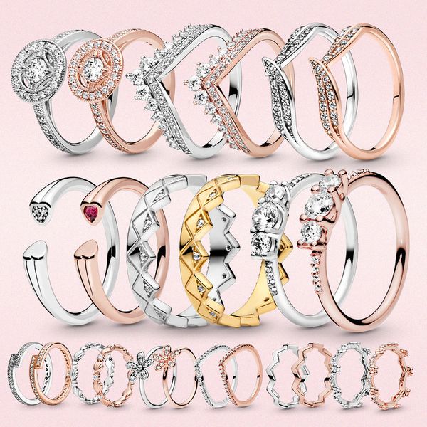 Anéis de prata esterlina 925 Princesa Tiara Coroa Espumante Amor Coração Jóias Aniversário Cz Pandora Anéis Para Noivado Feminino