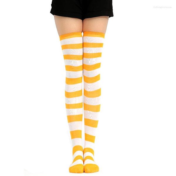 Frauen Socken JK Frau Cosplay Strümpfe Gelb Weiß Streifen Lolita Lange Über Knie Oberschenkel Hohe Kompression