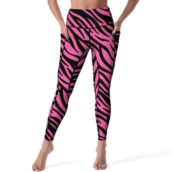 Pantaloni attivi Leggings con stampa zebrata rosa con tasche Strisce nere Graphic Yoga Leggings fitness a vita alta Divertimento sportivo elastico