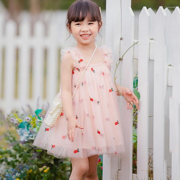 Mädchen Kleider Sommer Mädchen Kleid Rüschen Ärmellose Vestidos Obst Gedruckt Infantil Kinder Mesh Prinzessin Party Kostüme DT011