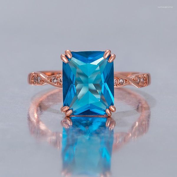Eheringe Aqua Blue Crystal Engagement Dünner Ring Lila Zirkon Quadratischer Stein Für Frauen Roségold Silber Farbe Bands Zubehör