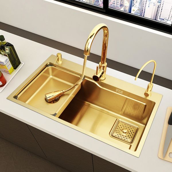 Lavello da cucina in oro Lavello in acciaio inossidabile 304 Tipo di scaletta multifunzionale nano Grande slot singolo con accessori per il drenaggio del rubinetto