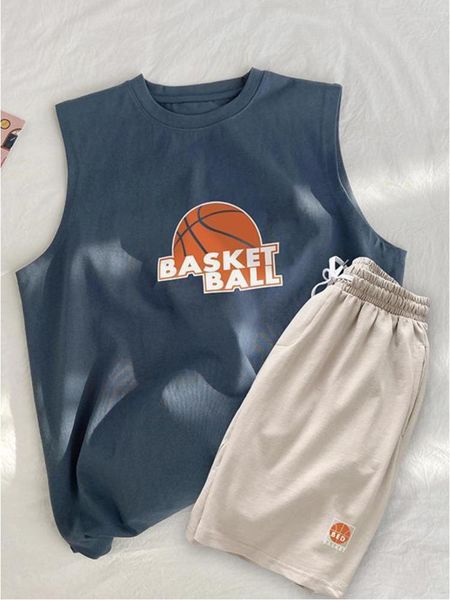 Erkeklerin Trailtsuits Erkekler Yaz Kolsuz Trailsuit Basketbol Baskı Yelek Top Şort Set Hip Hop Sports 2 PCS Kıyafetler Genç Çocuklar İçin Takım