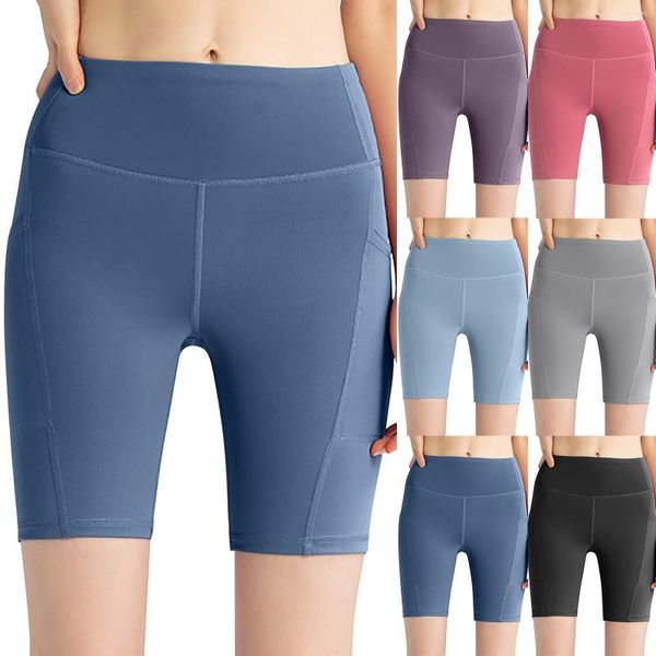 Shorts femininos de ioga para mulheres com bolsos cintura alta pacote longo elastano calça social curta