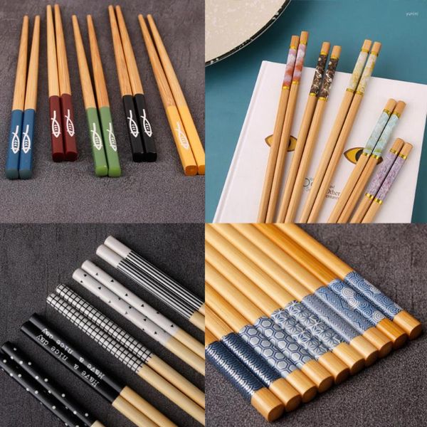 Yemek çubukları 5 çift bambu ahşap yeniden kullanılabilir Japon ahşap yıkama güvenli fantezi uzun sevimli çubuk seti