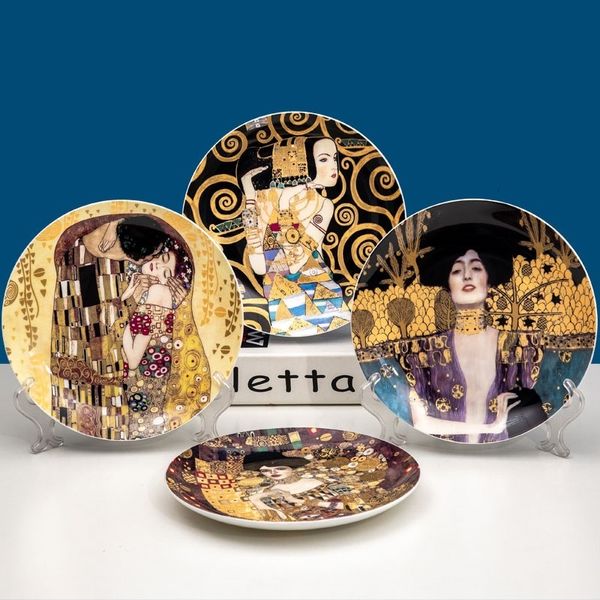 Pratos decorativos Klimt Kiss 8 polegadas Pintura a óleo Prato artístico de porcelana para pendurar na parede Decoração de casa 230727