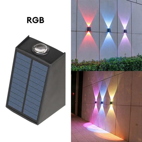 Up Down Solar Waher Wandleuchten für den Außenbereich, wasserdicht, 2 LEDs, warmweißes RGB-Solarzaunlicht, Veranda-Lichter von der Dämmerung bis zum Morgengrauen