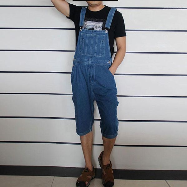 Macacão Jeans Masculino Cinco Calças Shorts Tide Solto Tamanho Grande Liso Azul Escuro 46