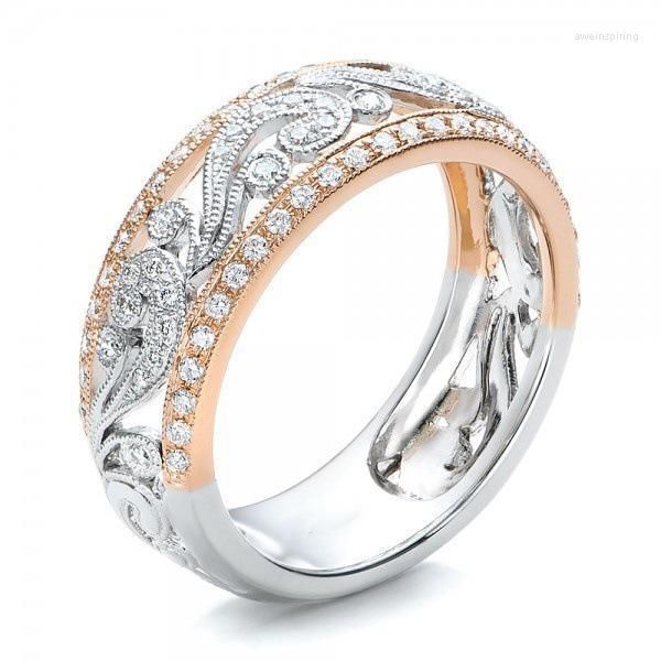 Обручальные кольца Сверкающие женские двухтонные цвета розового золота Кольцо Элегантное Полое цветочное инкрустация ретро -невеста