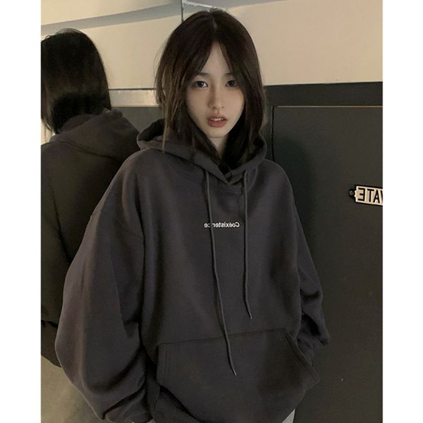 Frauen Hoodies Sweatshirts Mode Dunkelgrau Hoodie Fleece Verdicken Sweatshirt Langarm Koreanische Brief Druck Baggy Weibliche Tops Pullover Herbst 230728