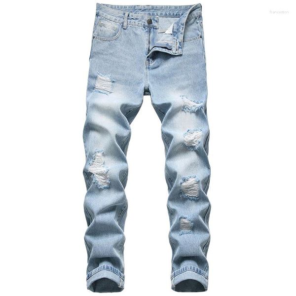 Jeans masculinos rasgados para homens, ajuste reto, primavera e verão, vazados, street wear, calças hip hop, biker, desgastadas