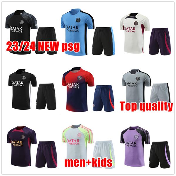 23 24 Fato de treino pré-jogo Fato de treino PSGs MBAPPE 23/24 NOVO PARIS Homens e crianças Fato de manga curta Camisa de futebol kit uniforme Chandal camisola para adulto Conjuntos de camisola TOPS