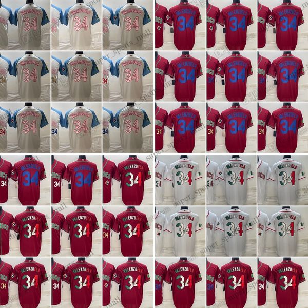 34 Camisas de Beisebol Fernando Valenzuela 2023 Copa do Mundo Todos os Vários Estilos Branco Vermelho Azul Costurado Jersey Masculino Tamanho S-3XL