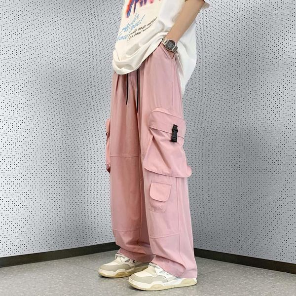 Pantaloni da uomo Fashion Pink Cargo Tuta Elastico in vita Oversize Uomo Y2K Side Big Pocket Straight Casual Women Pantaloni lunghi larghi