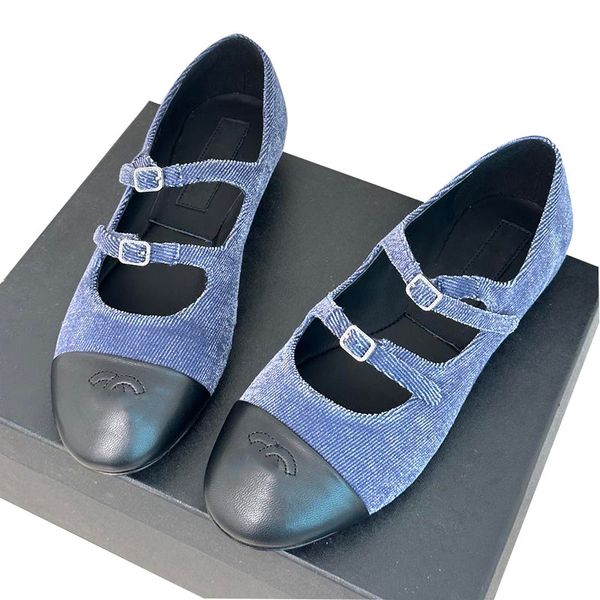 Damen-Kleidschuhe mit niedrigem Absatz, Mary-Jane-Schuhe, Loafer, Retro-Denim-Ballettschuh, verstellbare Schnalle, Sandalen, klassische blaue Slides, Pantoletten, Damen-Espadrilles mit Staubbeuteln