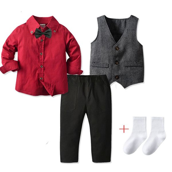 Kleidung Sets Baby Jungen Formelle Anzüge Herbst Kind Gentleman Kleidung Party Kleid Baumwolle Langarm Bowtie Hemd Weste Hosen Socken 5 stücke 230728