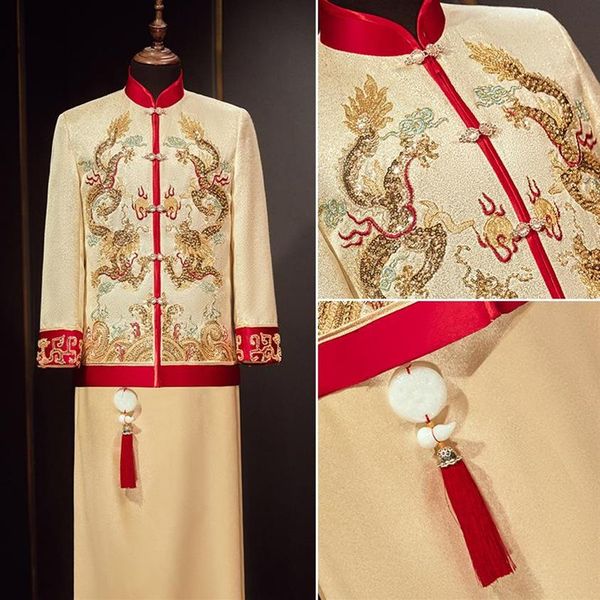 Roupas étnicas Chegada Masculino Estilo Chinês Traje Noivo Vestido Jaqueta Vestido Longo Casamento Tradicional Qipao Para Homens Étnico233M