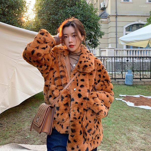 Casaco Feminino de Pele Feminina Moda de Inverno com Estampa de Leopardo Feminino Coreano Solto Veludo Grosso Casaco Quente Senhoras Casual Faux Outwear L902