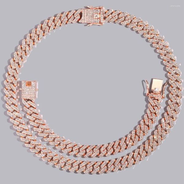 Ketten Hip Hop Frauen 12mm Rose Gold Farbe Cuban Link Kette Halskette Iced Out Bling 2 Reihe Strass Halsband schmuck