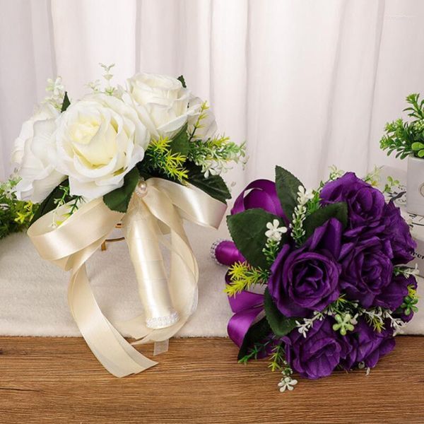 Flores de casamento buquê de noiva rosa com fita marfim roxo natural rosa de casamento artificial vintage para noivas