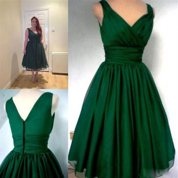 Emerald Green 1950'ler Kokteyl Partisi Elbise Vintage Çay Uzunluğu Artı Boyutu Şifon Zarif Dantel V-Yok Kayışları Gerçek Po Kısa Prom G240I